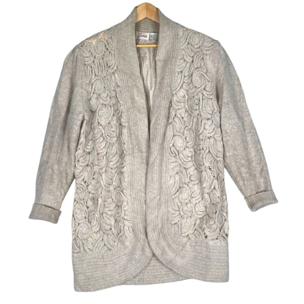 Vintage Sweater Coat Lace Knit Womens Large Angora Lambswool Oatmeal Open Luxury